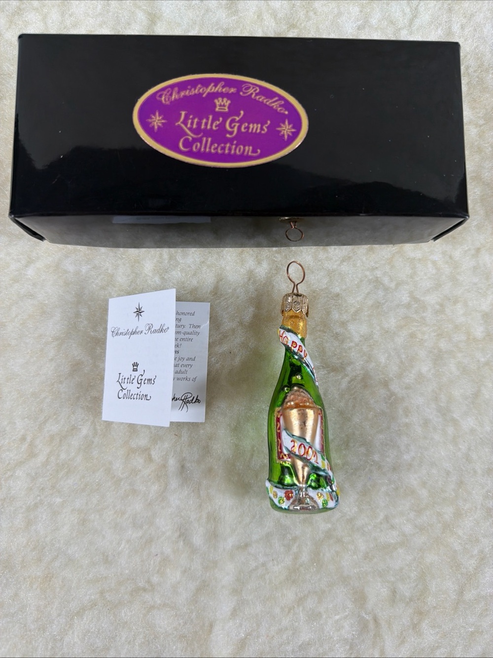 Vintage Christopher Radko Little Gems Green Champagne Bottle Ornament 2001